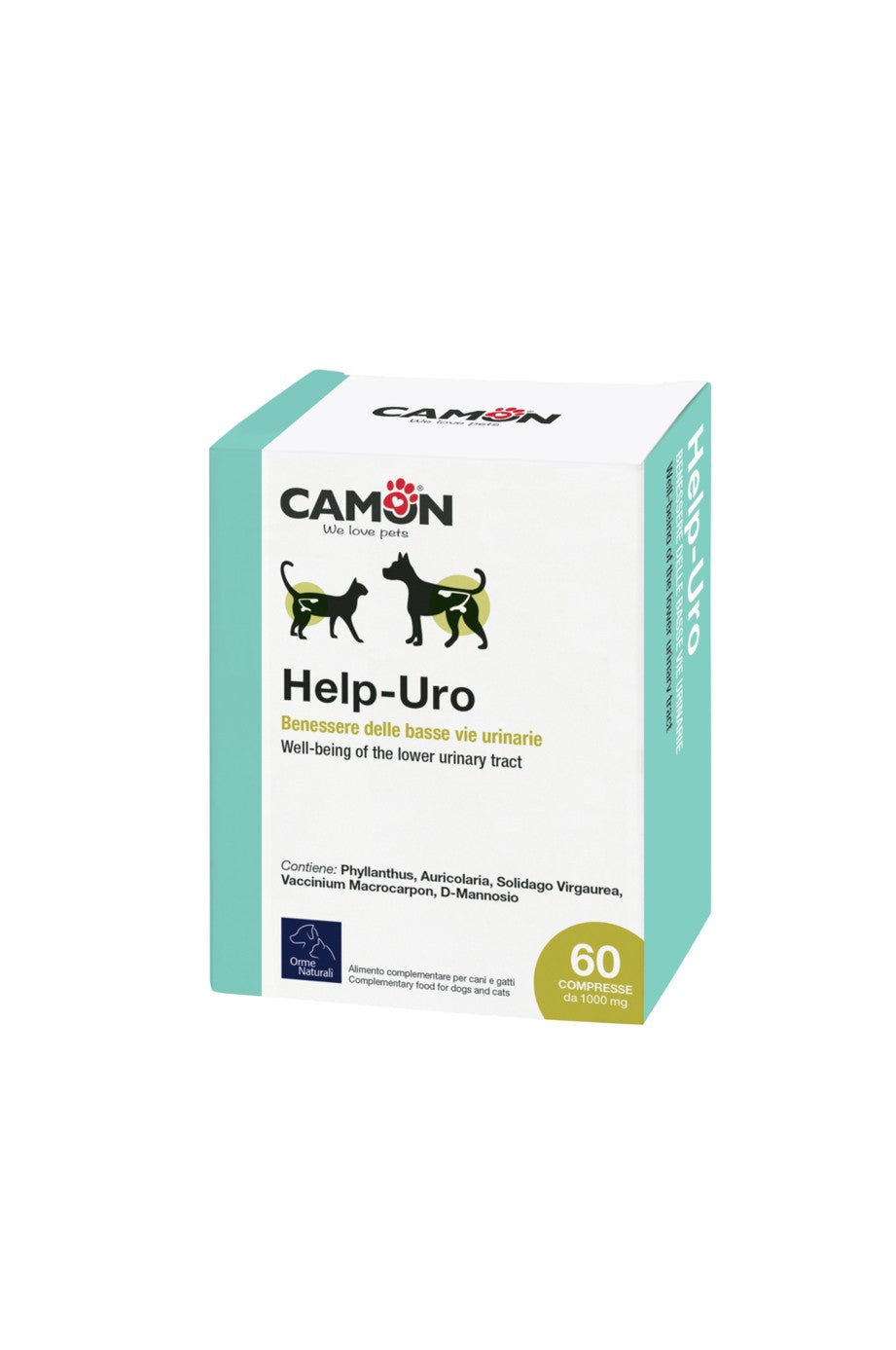 Confezioni da  60 compresse di Help-Uro, integratore naturale per il benessere delle vie urinarie di cani e gatti con estratti di piante e funghi.