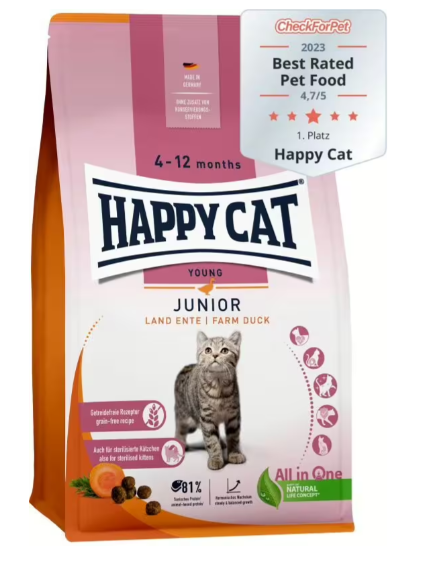 Crocchette Gatto Junior "Farm Duck" Grain Free - Happy Cat